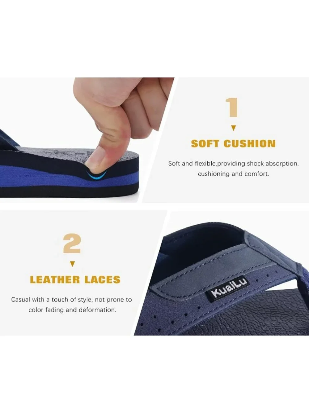 Men's Blue Yoga Mat Leather Flip Flops Slip On Indoor Outdoor Sandal Slipper